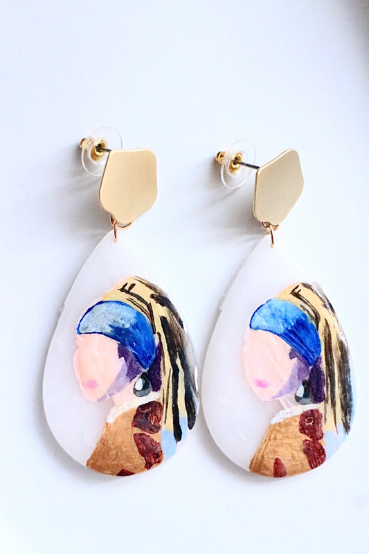 Polymer clay earrings - Handmade/Painted Inspired by The Girl with a Pearl Earring