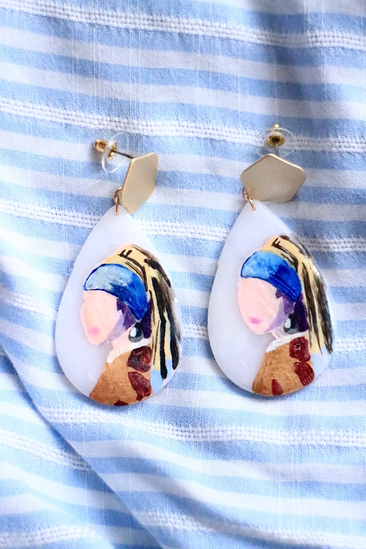 Polymer clay earrings - Handmade/Painted Inspired by The Girl with a Pearl Earring