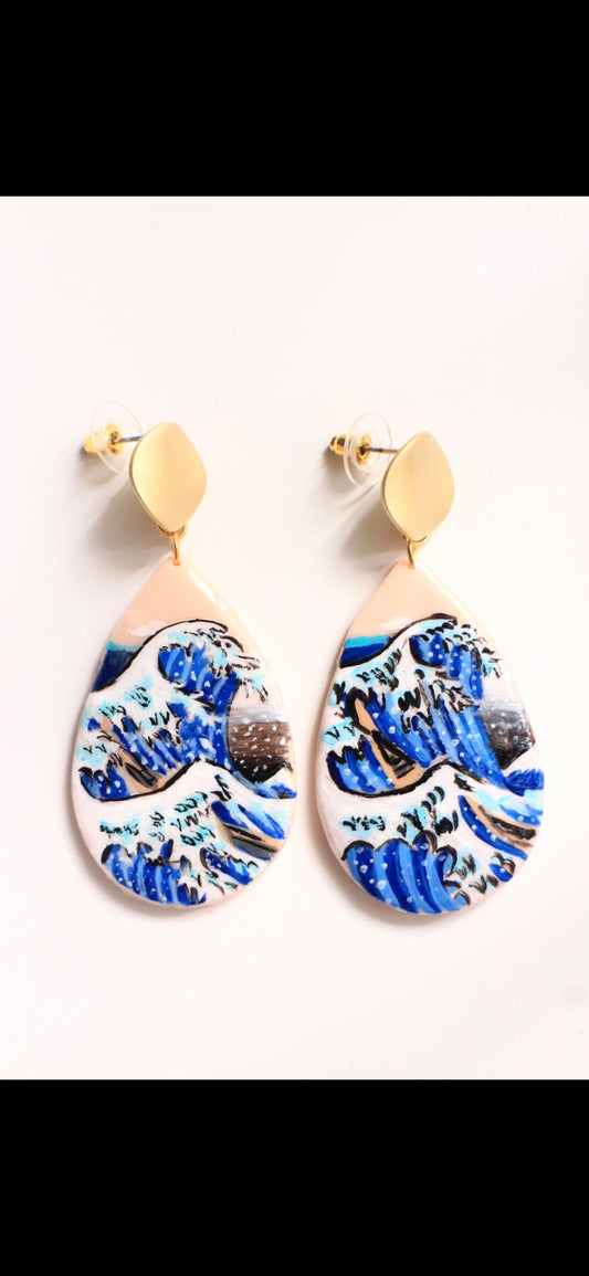 Polymer clay earrings - Handmade/Painted Inspired by The Great Wave